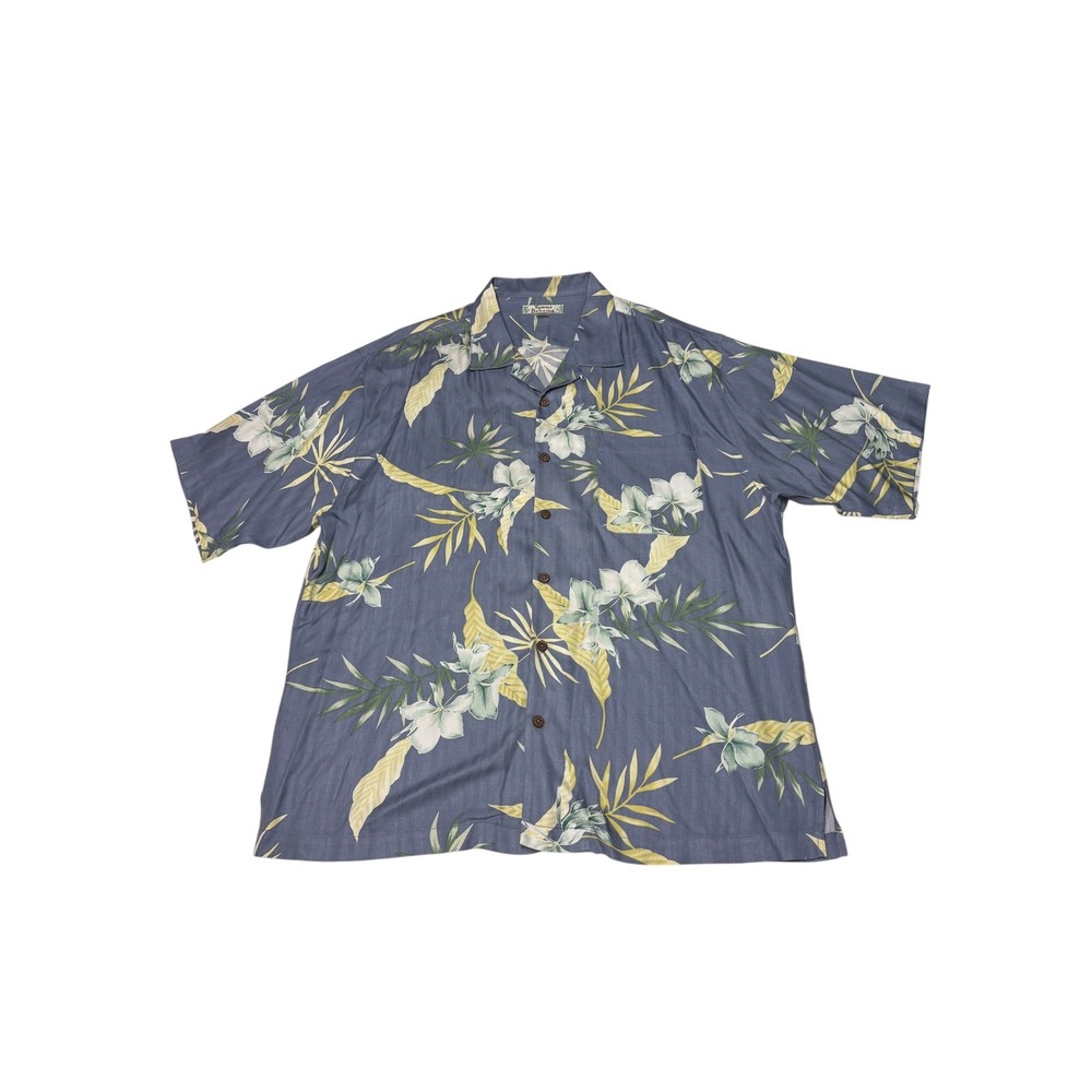 Tommy Bahama Mens XL Silk Tropical Floral Herringbone Camp Shirt Blue‎ Gray